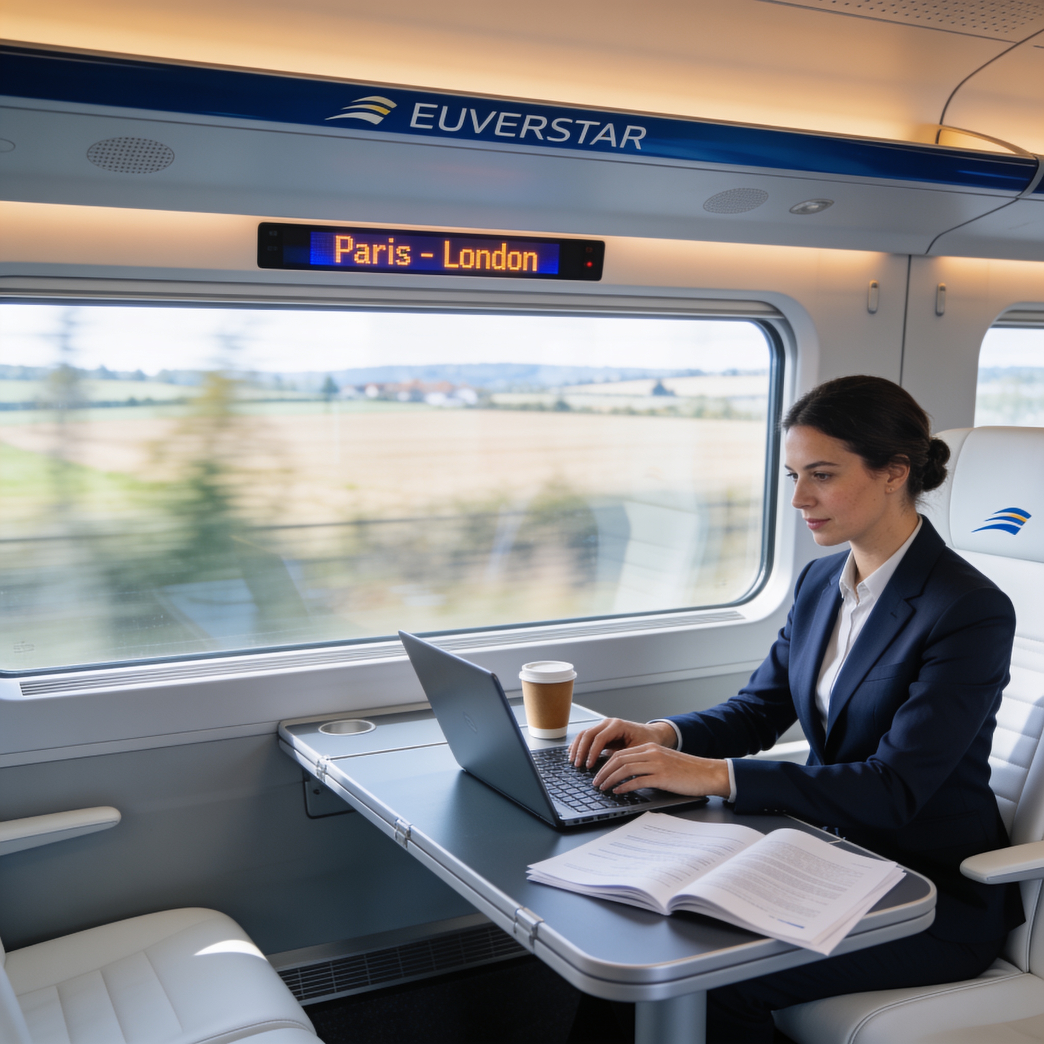 Business professional working on laptop aboard a Eurostar train