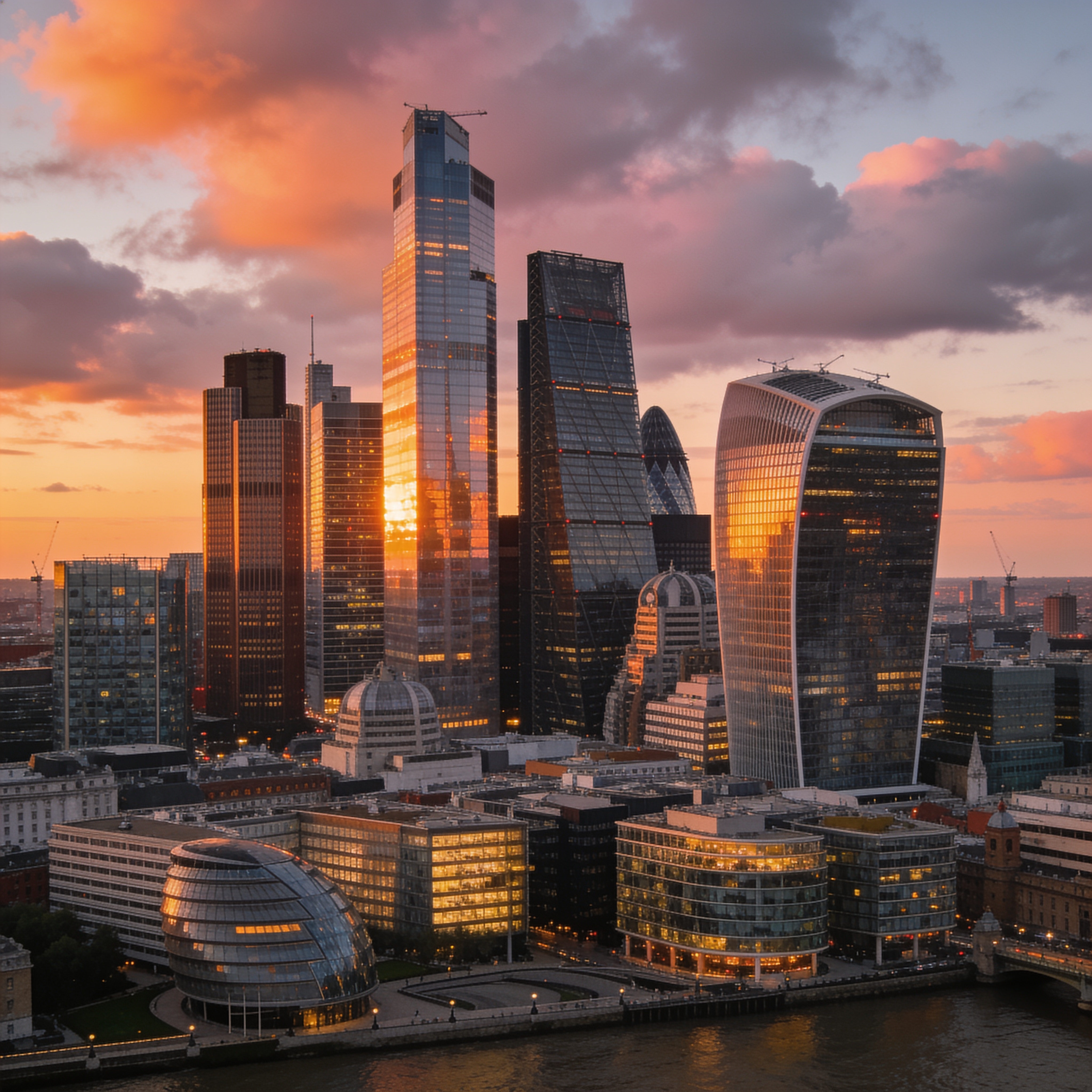 London financial district skyline at sunset, modern corporate business environment