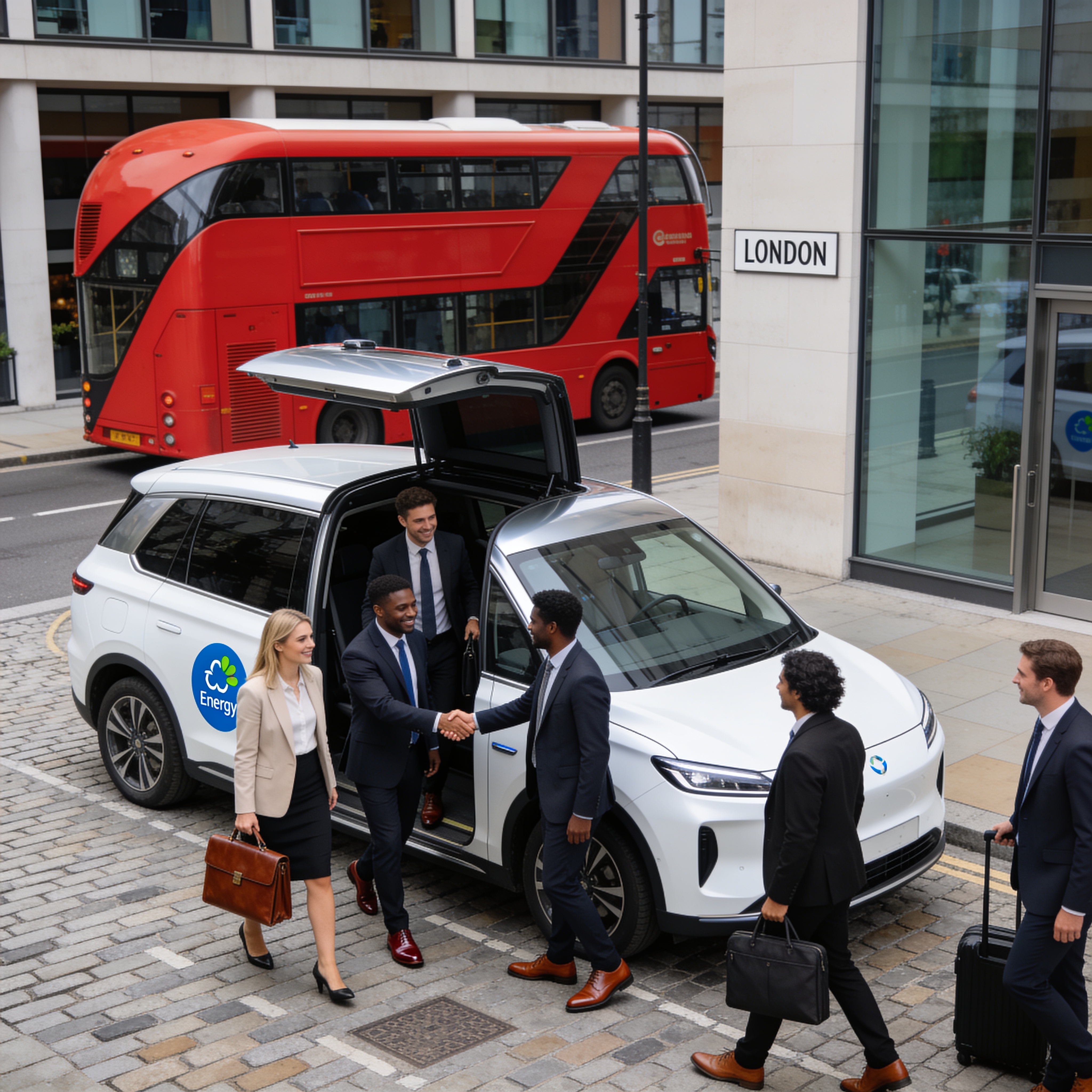 Corporate team boarding electric vehicle for sustainable airport transfer