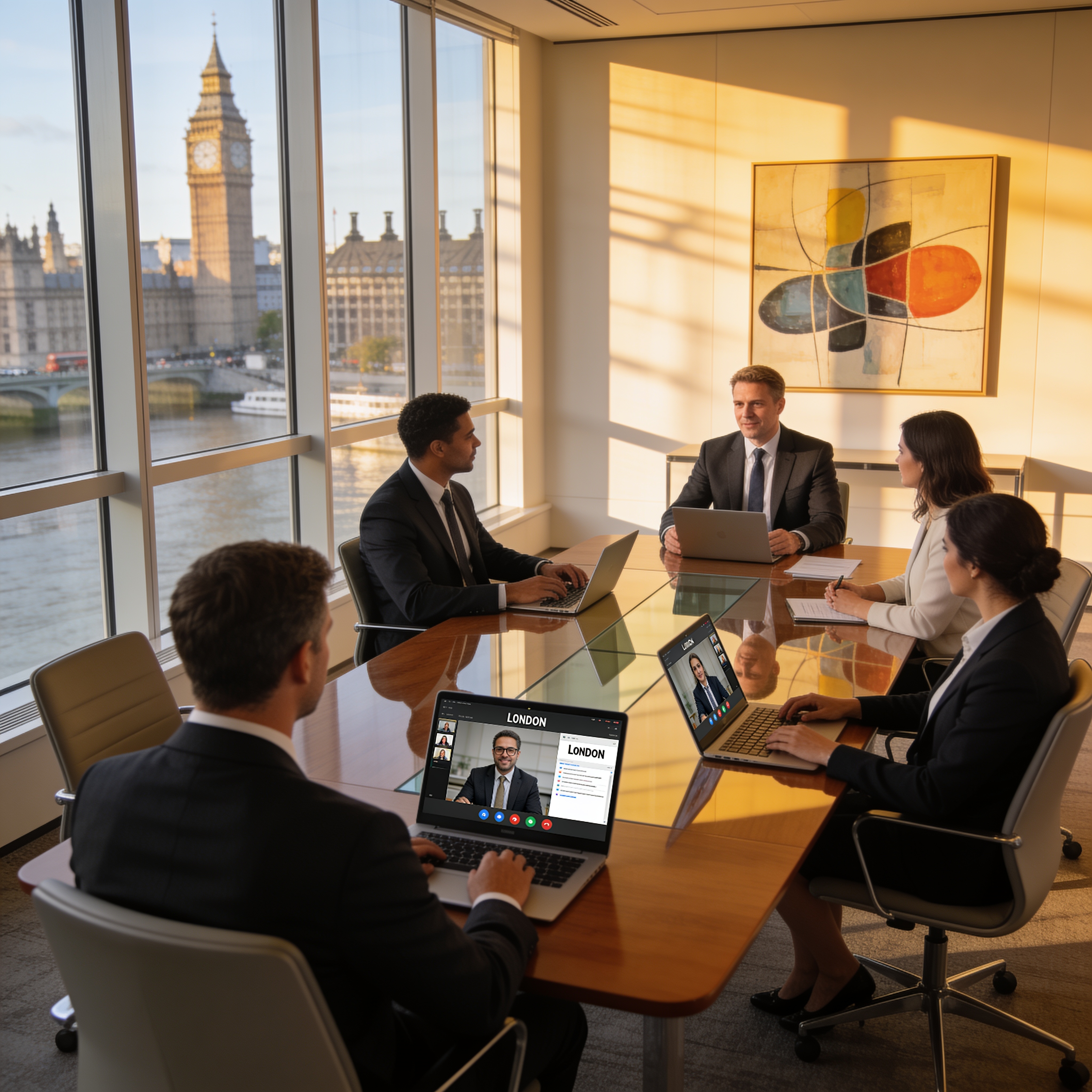 Professional team in a London conference room during a virtual meeting